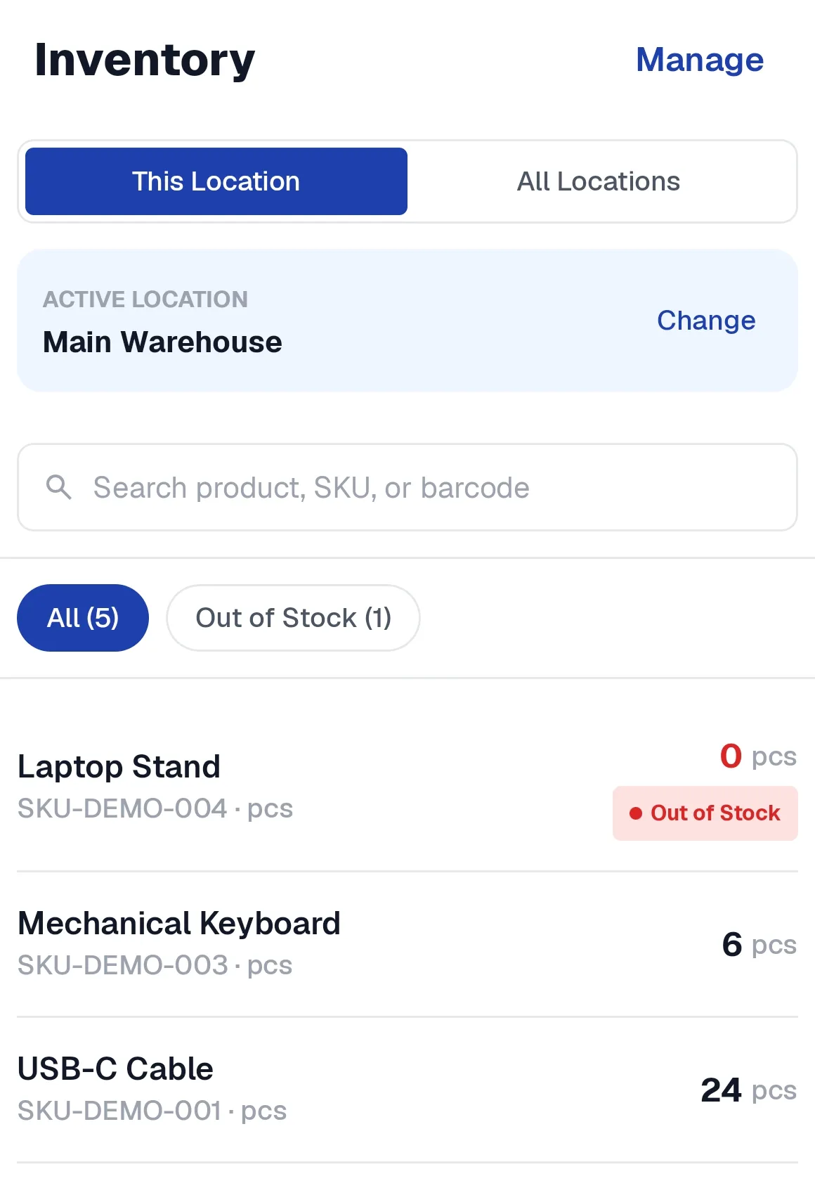 Inventory screen showing stock for the active location, Main Warehouse, with a This Location / All Locations switch, a search field, and an Out of Stock item listed with in-stock items.