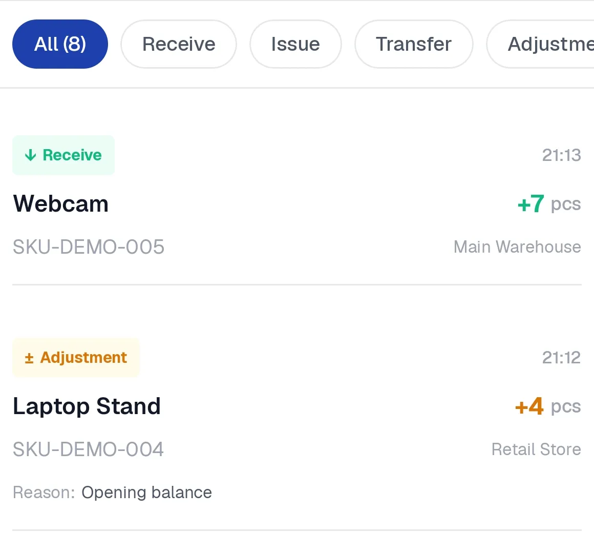 Movement History list with filters by movement type and entries showing a Receive and an Adjustment movement, each with quantity, SKU and location, and a reason on the adjustment.